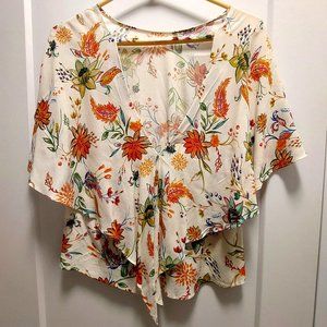 Women's Floral Flutter Sleeves Blouse with Cascading V-Back - Multi-Colors - SML